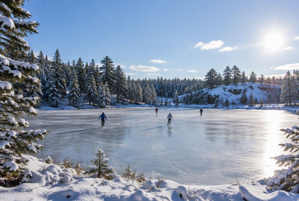 A few skaters gliding across a frozen lake surrounded by snowy evergreen trees on a sunny winter day.