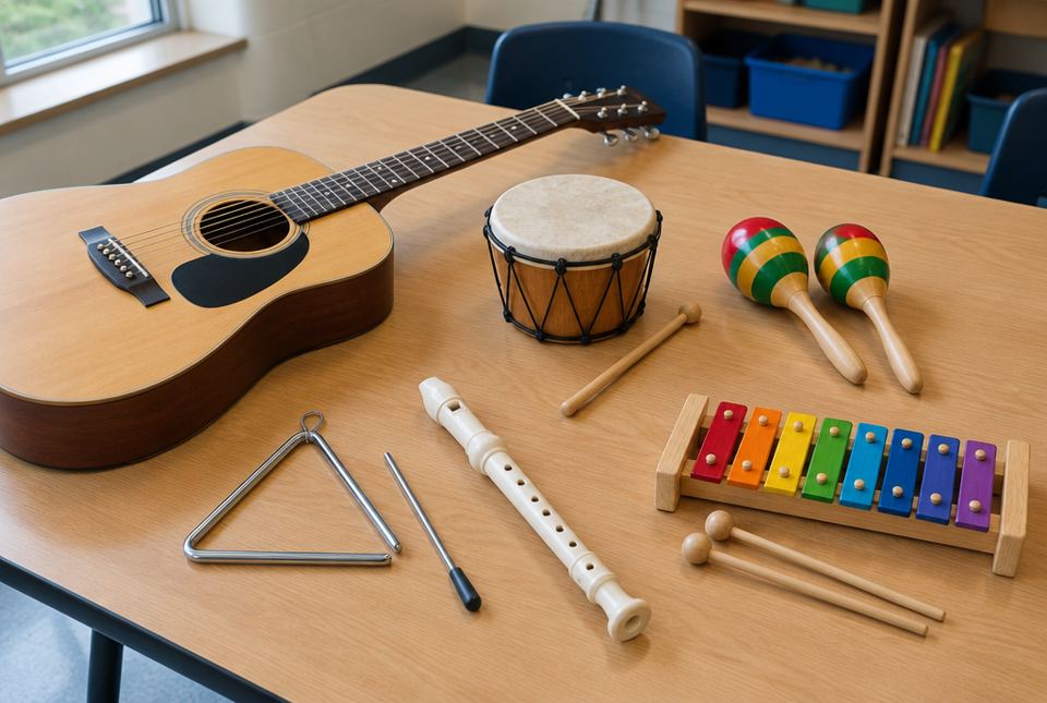 A guitar, a hand drum, maracas, a triangle, a recorder and a colourful xylophone on a classroom table.