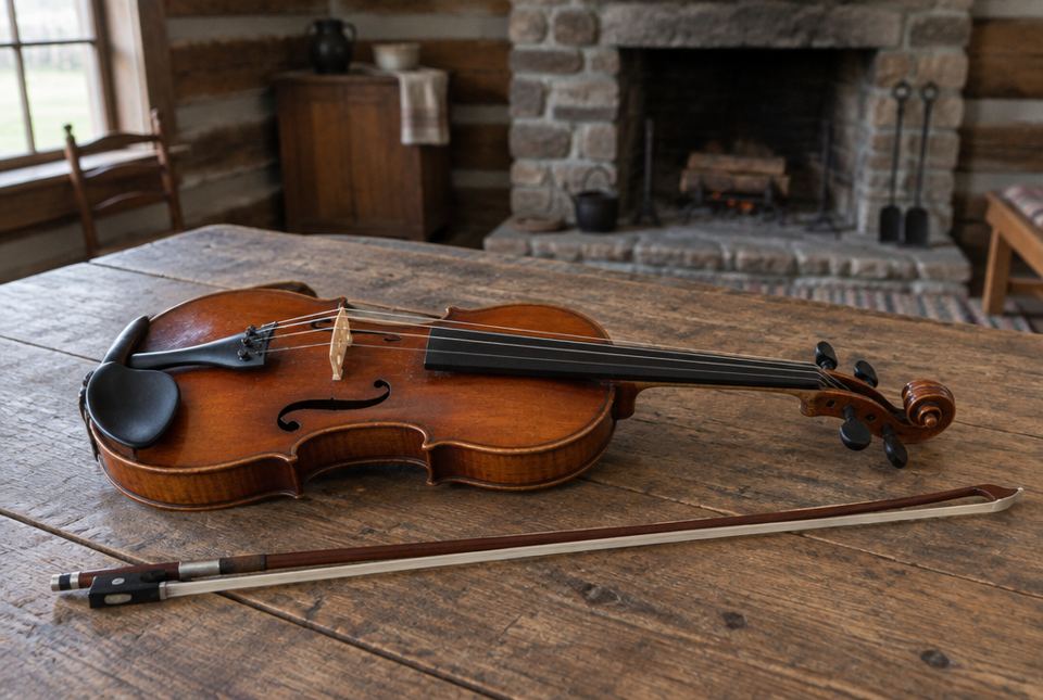A violin and bow on a rough wooden table inside a log house with a stone fireplace.