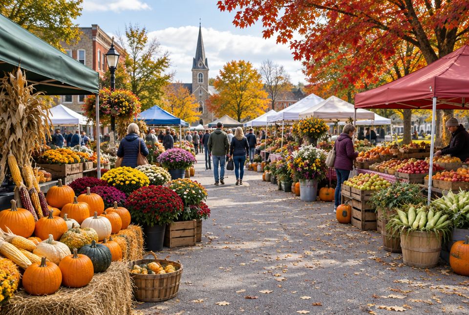 A busy outdoor farmers' market in autumn with pumpkins, flowers, apples and corn, and shoppers walking between the tents.