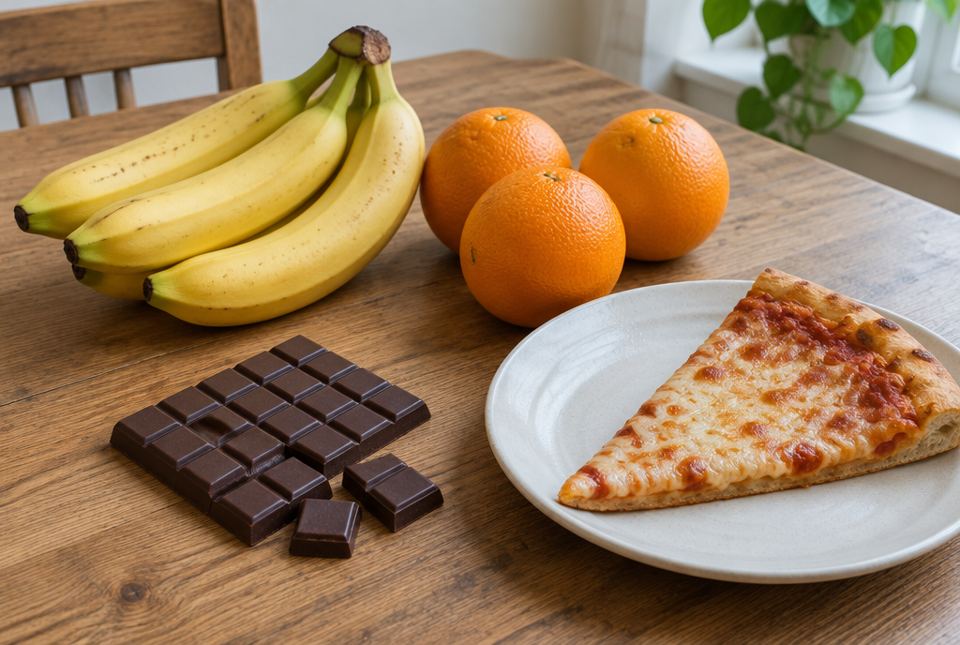 Bananas, oranges, a bar of chocolate and a slice of pizza on a wooden table.