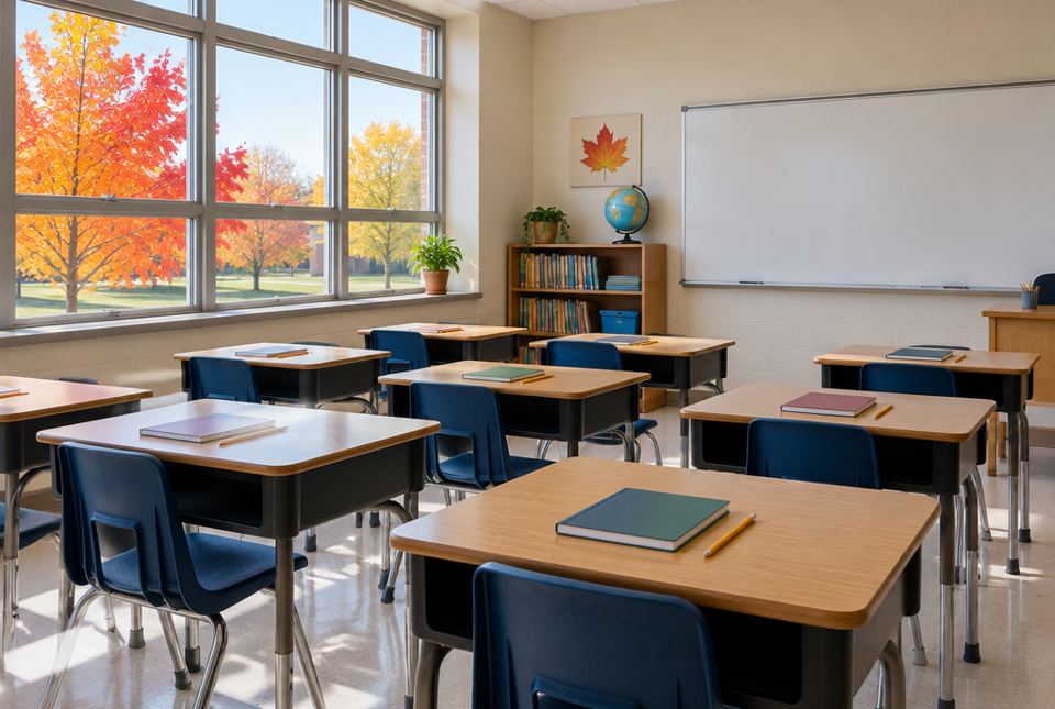 A bright, empty classroom with desks, books and a whiteboard, and red and orange maple trees outside the windows.