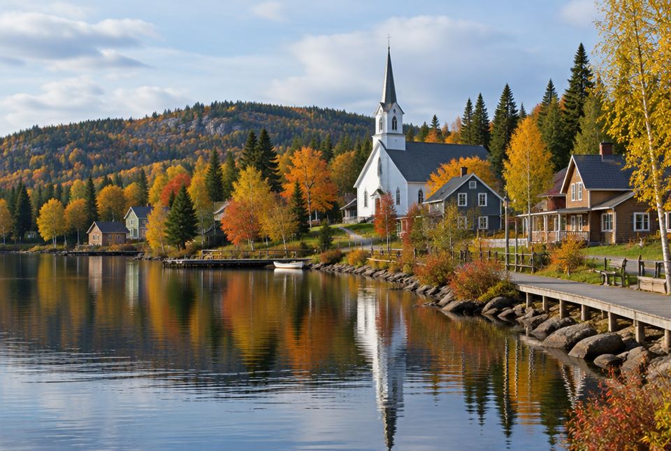 A small lakeside town with a white church steeple, houses and autumn trees reflected in calm water.