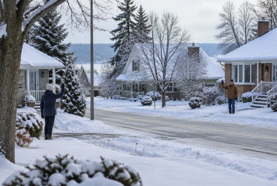 Two neighbours wave to each other across a snowy street lined with houses.