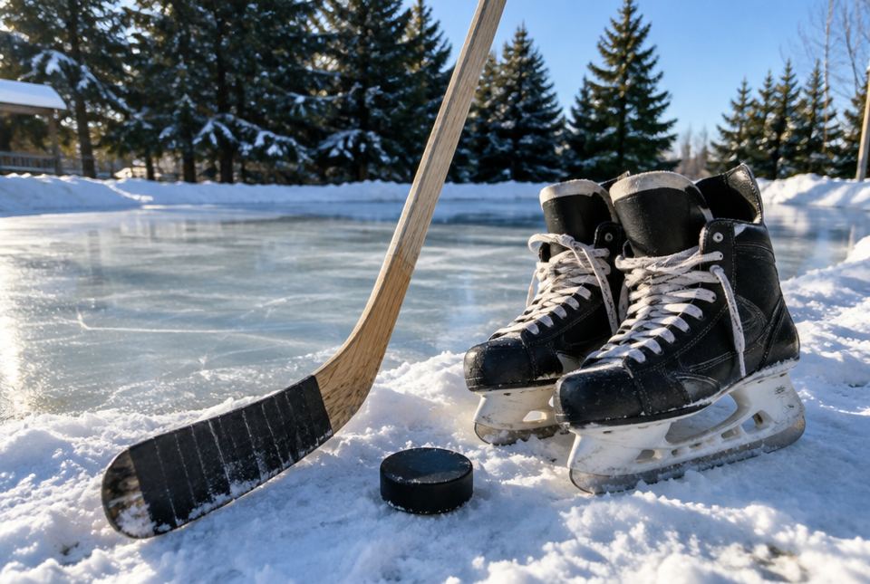 A pair of black hockey skates, a hockey stick and a puck on the snowy edge of an outdoor rink.