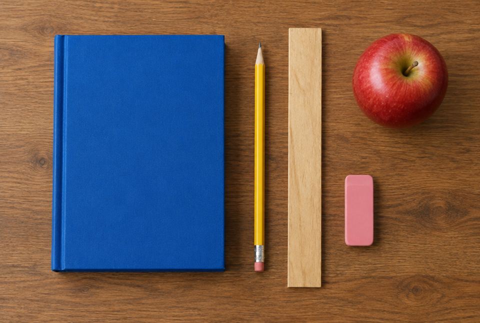 A blue book, a yellow pencil, a wooden ruler, a pink eraser and a red apple laid out on a desk.