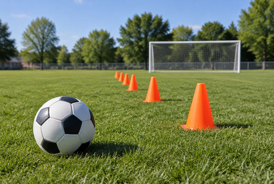 A soccer ball on a grass field beside a line of orange cones leading toward a goal.