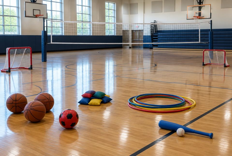 A school gym with basketballs, a soccer ball, beanbags, hoops, a plastic bat and ball, small goals and a volleyball net.