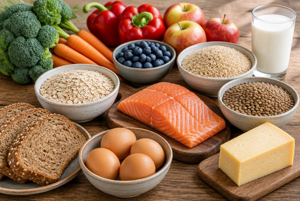 Vegetables, fruits, whole grain bread, oats, rice, lentils, salmon, eggs, cheese and milk on a wooden table.