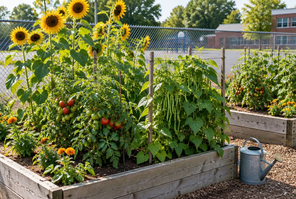 A school garden with raised beds of tomatoes, beans and marigolds, tall sunflowers and a watering can.