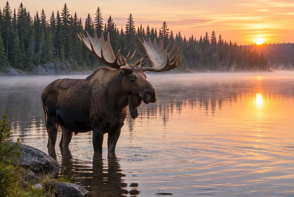 A bull moose with large antlers standing in a misty lake at sunrise, with evergreen forest behind it.