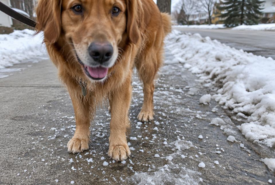 A golden retriever on a leash standing on a winter sidewalk scattered with road salt.