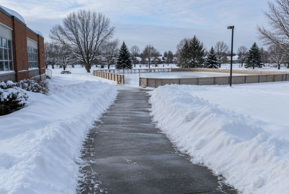 A freshly shovelled path through deep snow leads from a school to an outdoor rink.