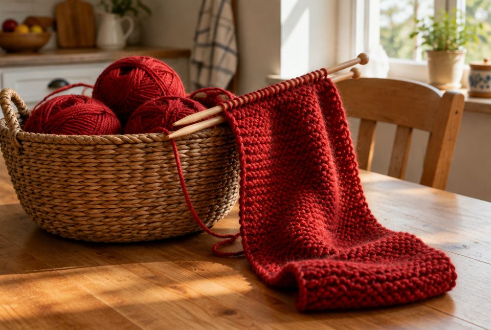 A basket of red yarn on a kitchen table, with a half-finished red scarf hanging from knitting needles.