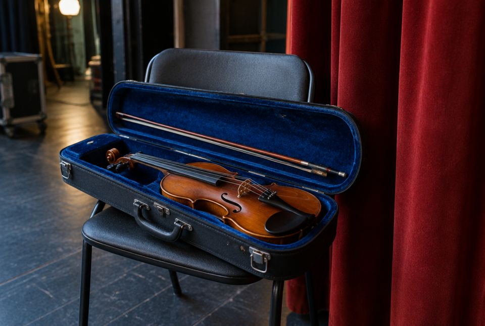 A violin and bow in an open case on a chair backstage, next to a red stage curtain.