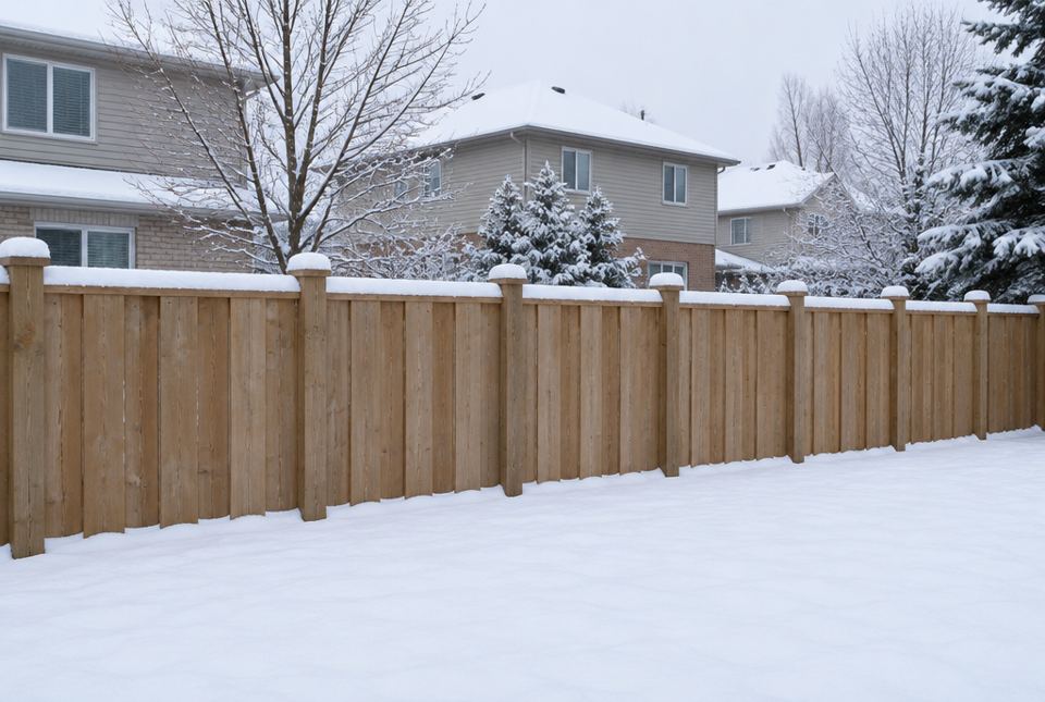 A wooden fence with snow-capped posts runs along a snowy backyard in front of houses.