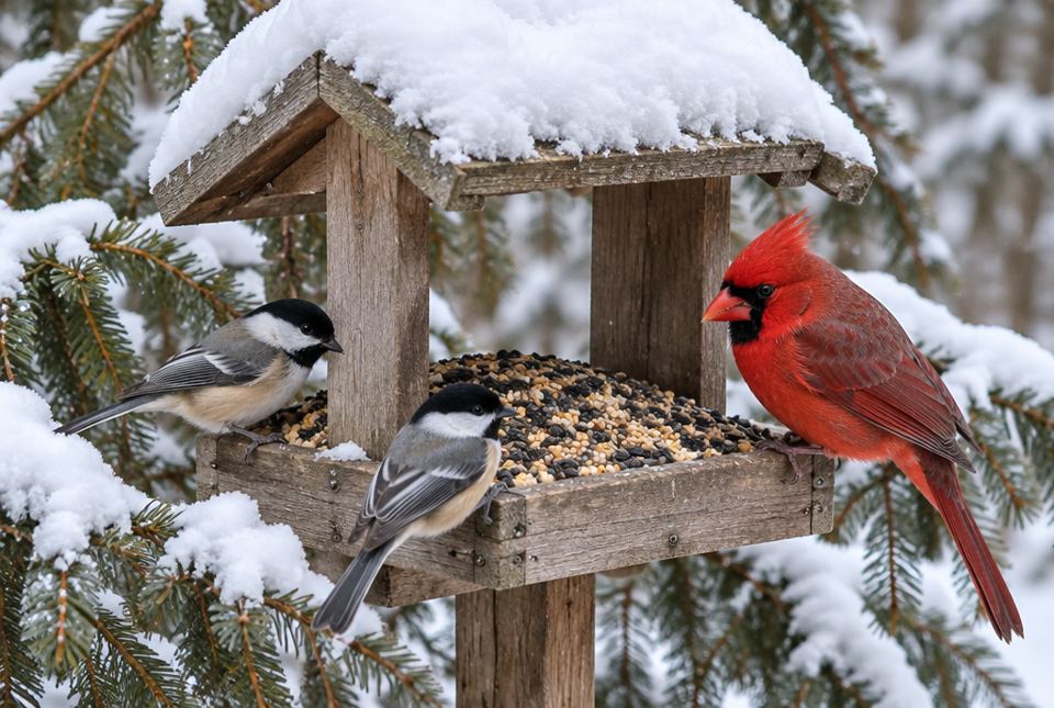 Two chickadees and a red cardinal eat seeds at a snowy wooden bird feeder.
