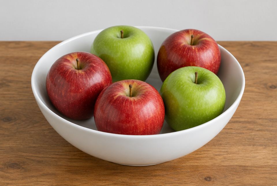 A white bowl holding three red apples and two green apples.