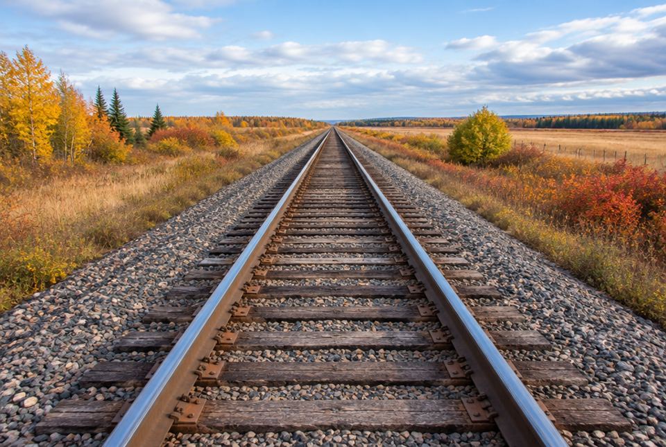 A straight railway track stretches into the distance through fall-coloured trees.