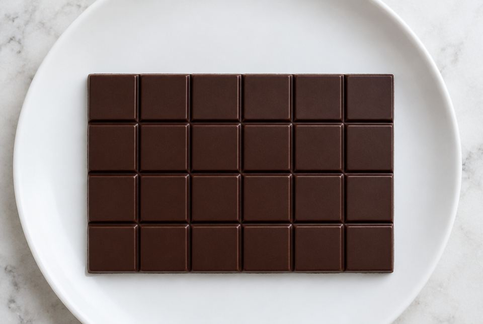 A dark chocolate bar made of 24 squares in 4 rows of 6, on a white plate.