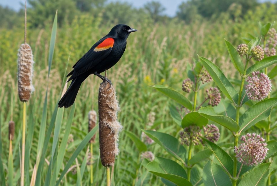 A red-winged blackbird perched on a cattail next to blooming milkweed plants in a wet meadow.