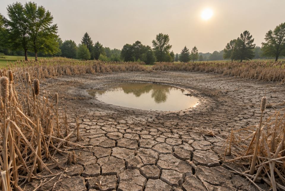 A pond shrunk to a small puddle in the middle of dry, cracked mud, surrounded by dried-out cattails.