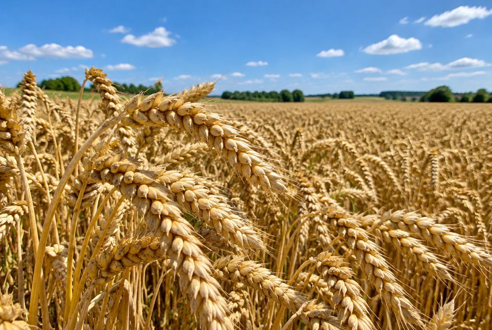 A field of ripe golden wheat under a blue summer sky.