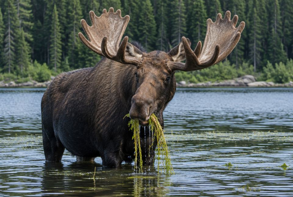A bull moose with large antlers stands in a lake with water plants hanging from its mouth.
