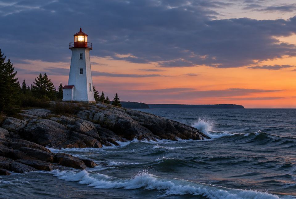 A white lighthouse with a glowing light stands on a rocky shore beside big waves at sunset.
