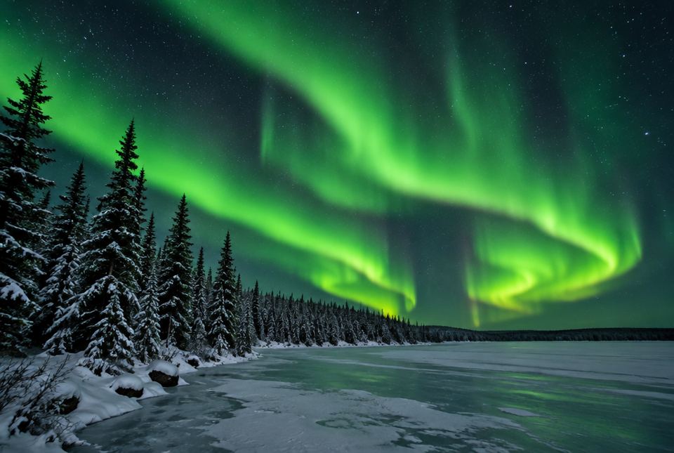 Green northern lights swirl across a starry night sky above a snowy forest and frozen lake.