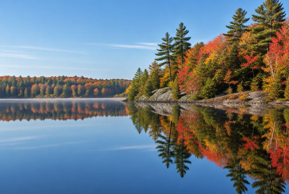 A still lake reflects a shoreline of autumn trees like a mirror.