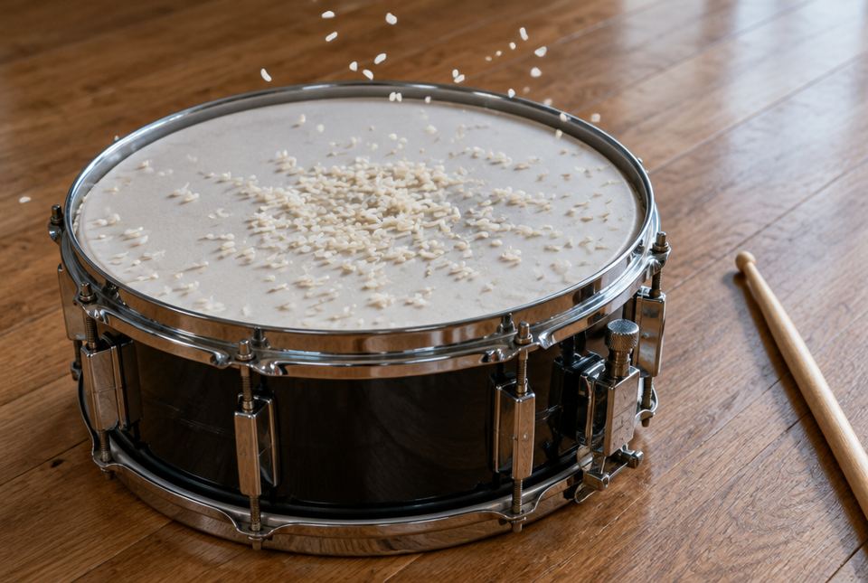 Grains of rice bounce up off the top of a snare drum resting on a wooden floor next to a drumstick.