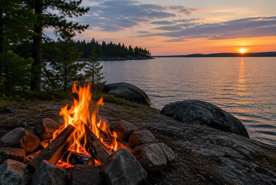 A campfire burns inside a ring of stones on a rocky lakeshore at sunset.