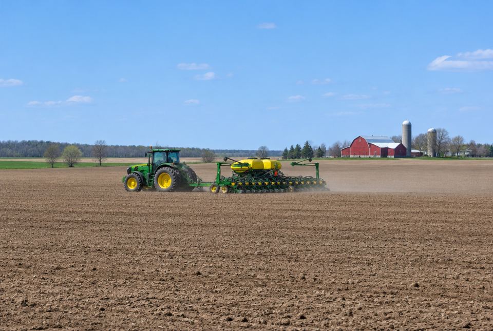 A green tractor pulls a wide planter across a ploughed field, with a red barn and silos in the distance.