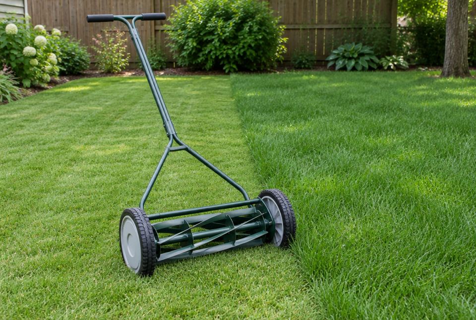 A push reel lawn mower with spinning blades between two wheels on a half-cut green lawn.