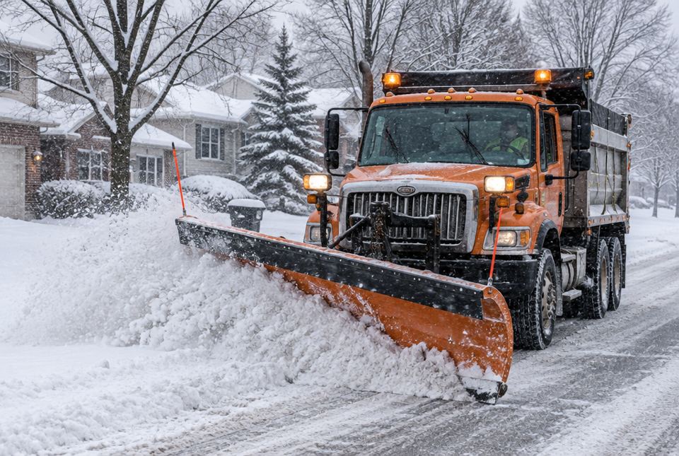 An orange snowplow with a wide blade pushes deep snow off a residential street on a snowy day.