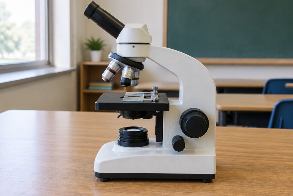 A white school microscope on a classroom table, with large and small focusing knobs on its side.