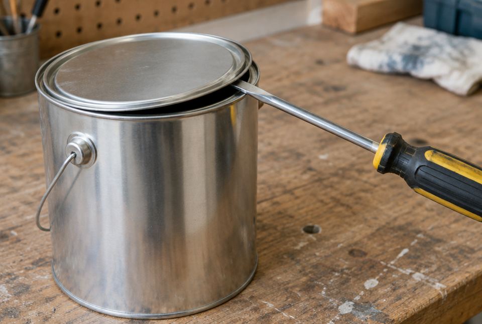 A screwdriver tip pushed under the lid of a metal paint can, lifting the lid on a workbench.