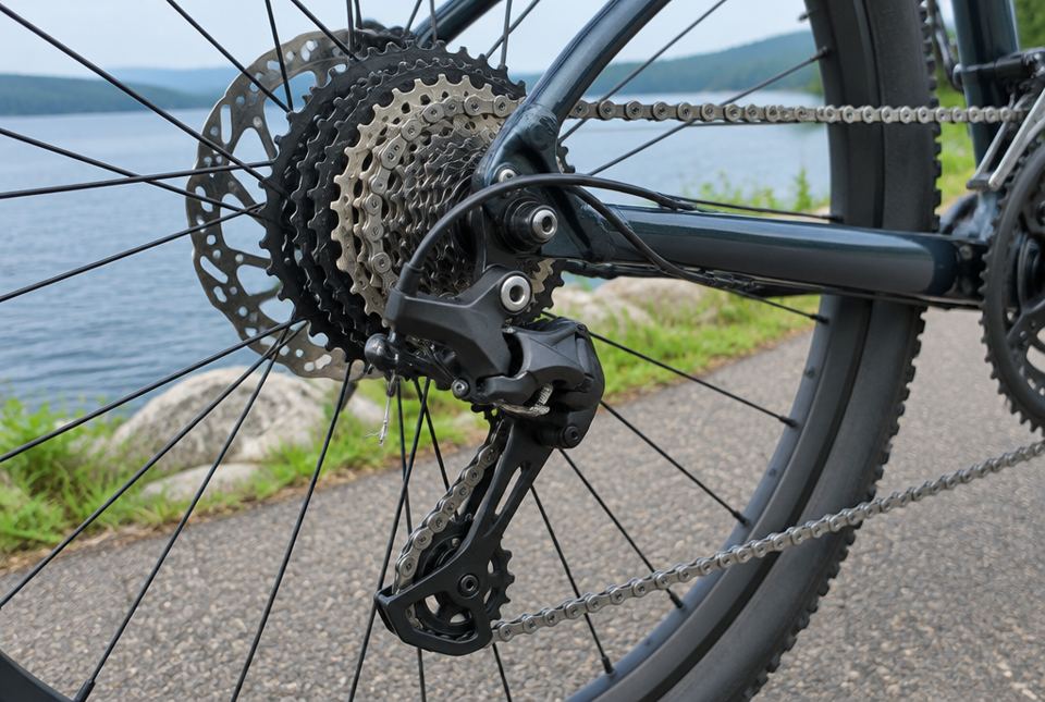 The back wheel of a bicycle with a stack of toothed gears of different sizes and a chain, on a path beside a lake.