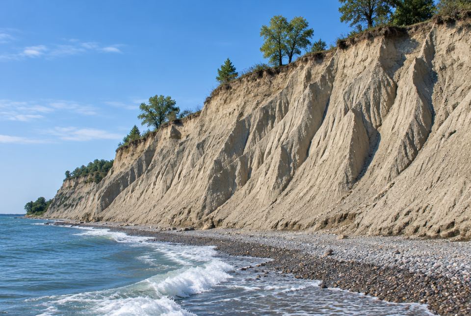 A tall, steep bluff of pale sand and clay rising above a pebbly beach with waves breaking on a lake.