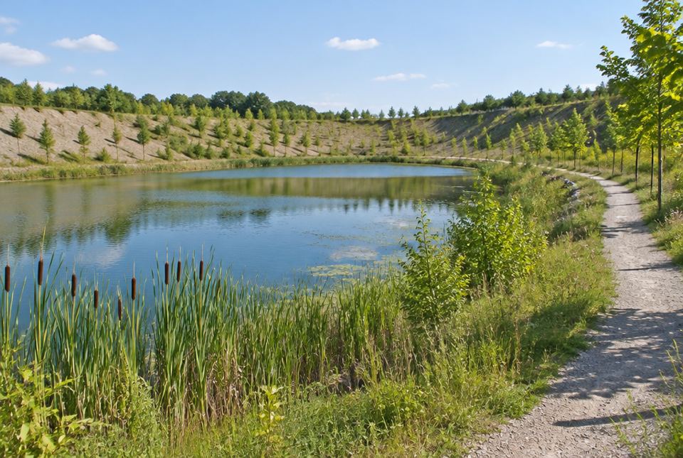 A calm pond with cattails and young trees planted on the sloping sides of an old pit, with a gravel walking trail.
