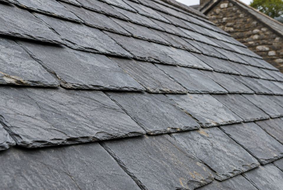 Close-up of a roof covered with rows of overlapping grey slate tiles.