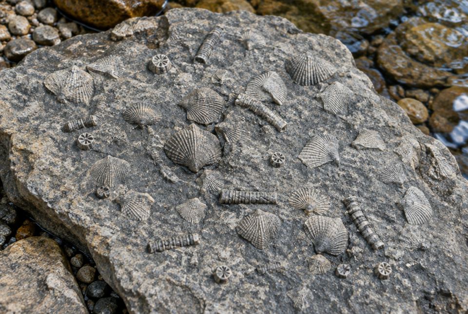 A grey limestone slab covered with fossil sea shells with fan-shaped ribs and short, segmented stem pieces, beside a creek.