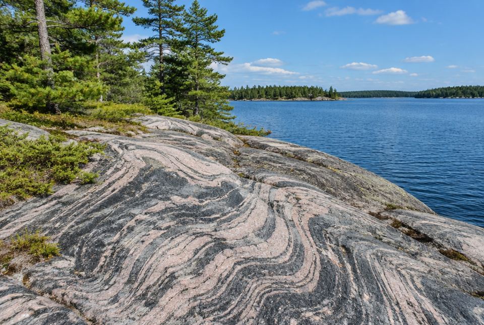 Smooth rock on a lakeshore with wavy pink and dark grey bands, beside pine trees and a blue lake.