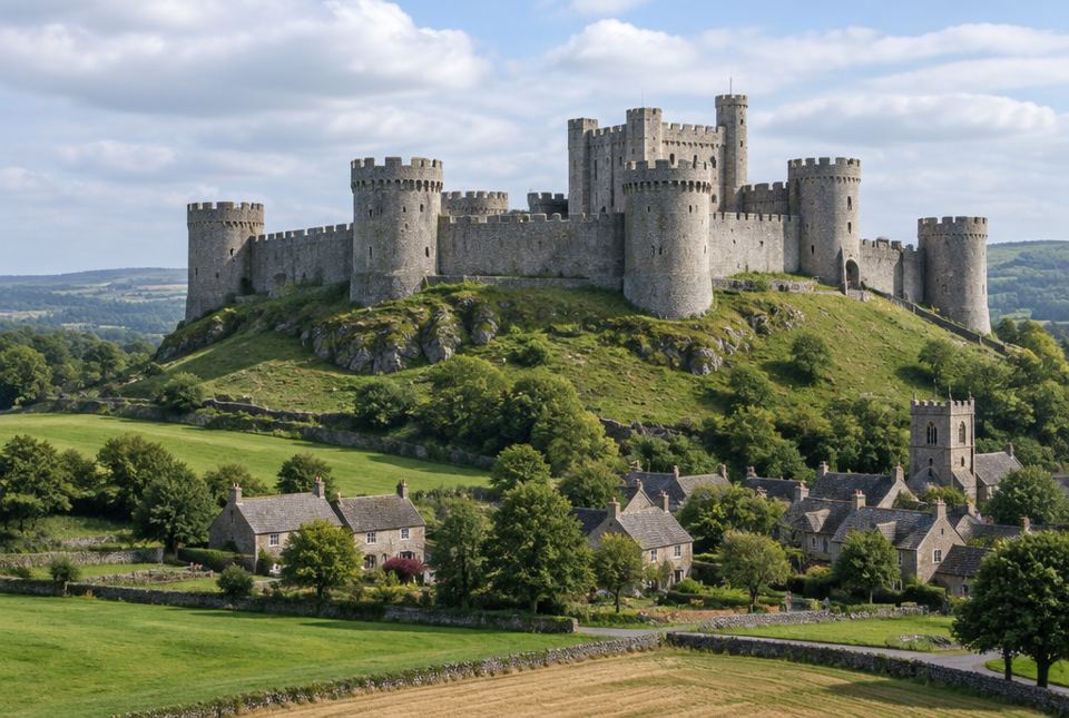 A grey stone castle with round towers and thick walls on a green hill above a village of stone cottages and farm fields.