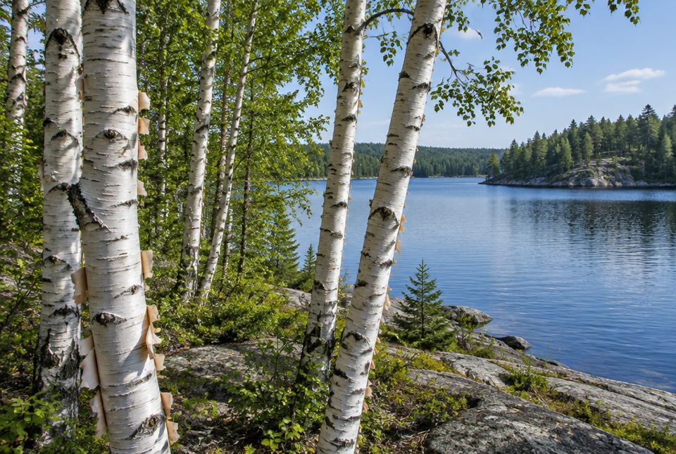 White birch trees with thin curls of peeling bark beside a calm blue lake and pine forest.