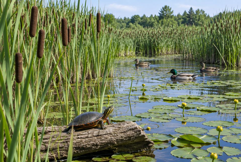 A marsh with tall cattails, lily pads and ducks, and a painted turtle resting on a log.