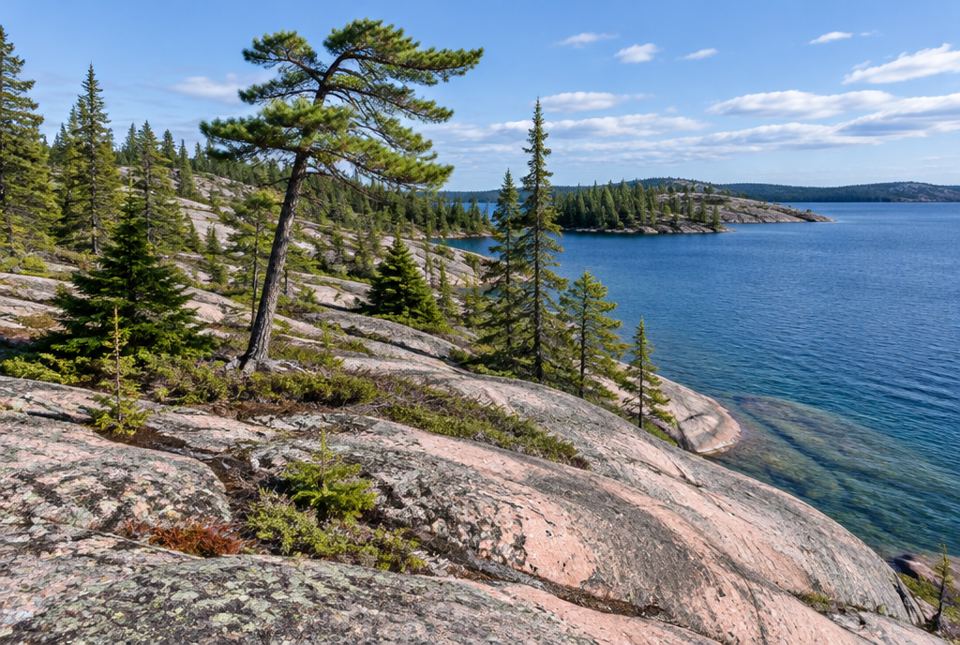 Smooth pink and grey rock along a blue lake, with pine and spruce trees growing out of cracks in the rock.