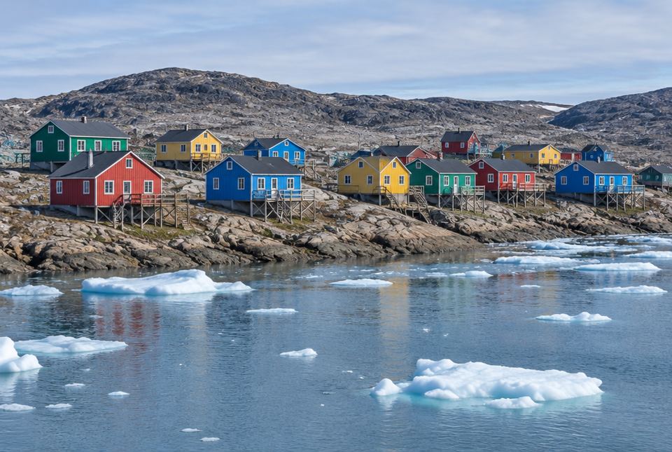 Colourful red, blue, green and yellow houses on posts, built on bare rock beside a bay with floating ice.