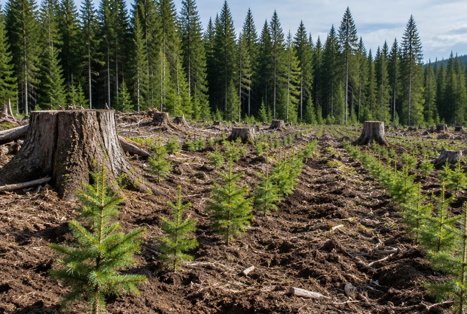 Rows of small young spruce trees planted among old tree stumps, with a tall forest behind.